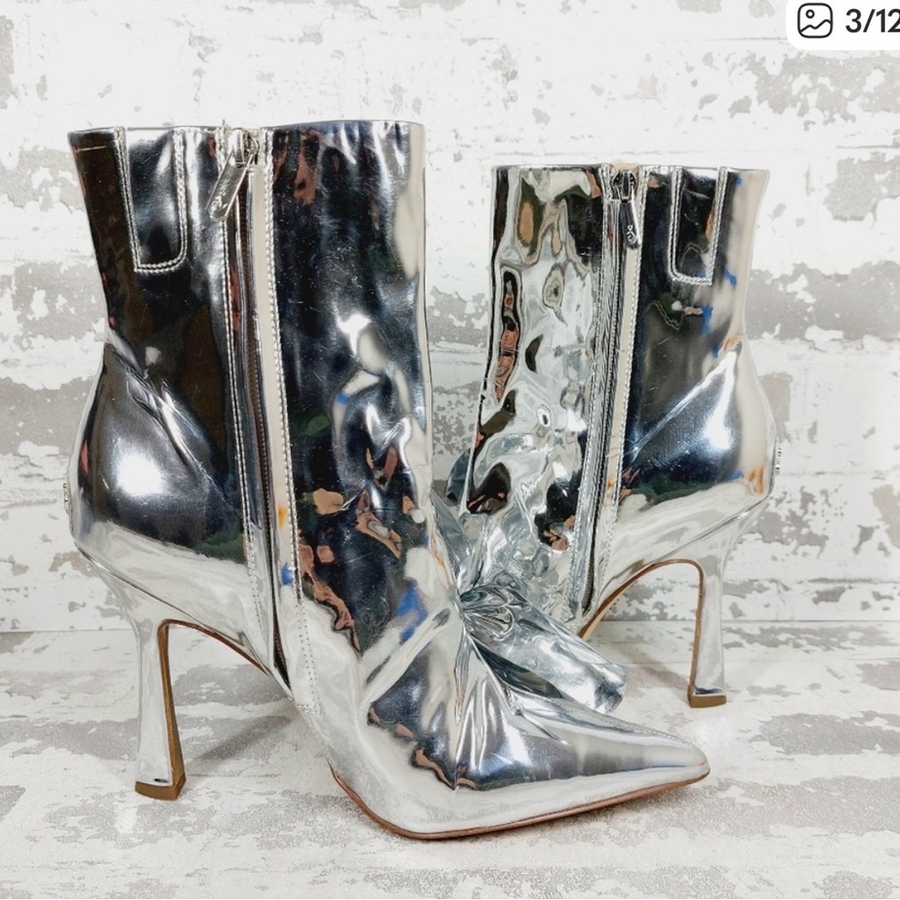 New Sam Edelman Esmae Stiletto Ankle Bootie Metallic Shiny Silver Boots